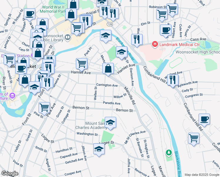 map of restaurants, bars, coffee shops, grocery stores, and more near 61 Roberts Street in Woonsocket