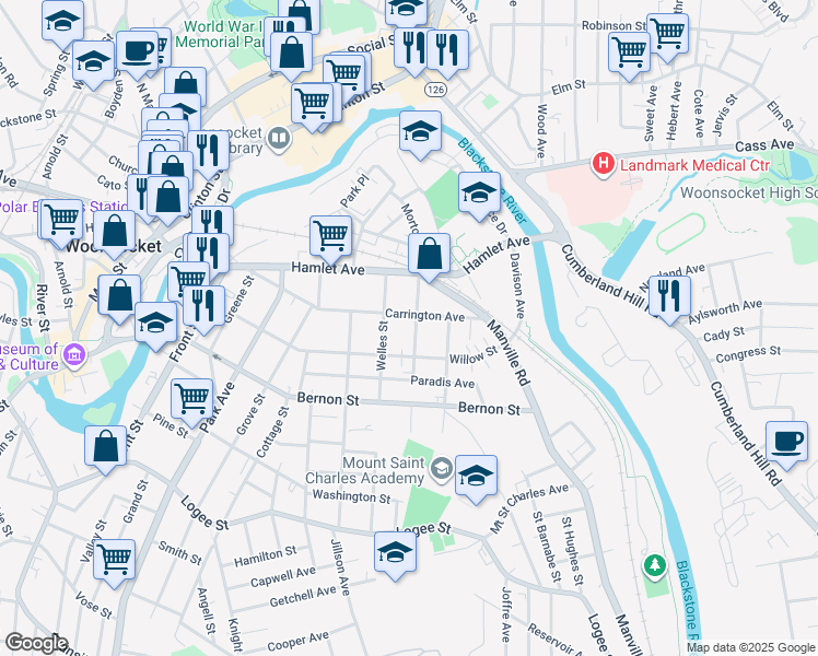 map of restaurants, bars, coffee shops, grocery stores, and more near 384 Willow Street in Woonsocket
