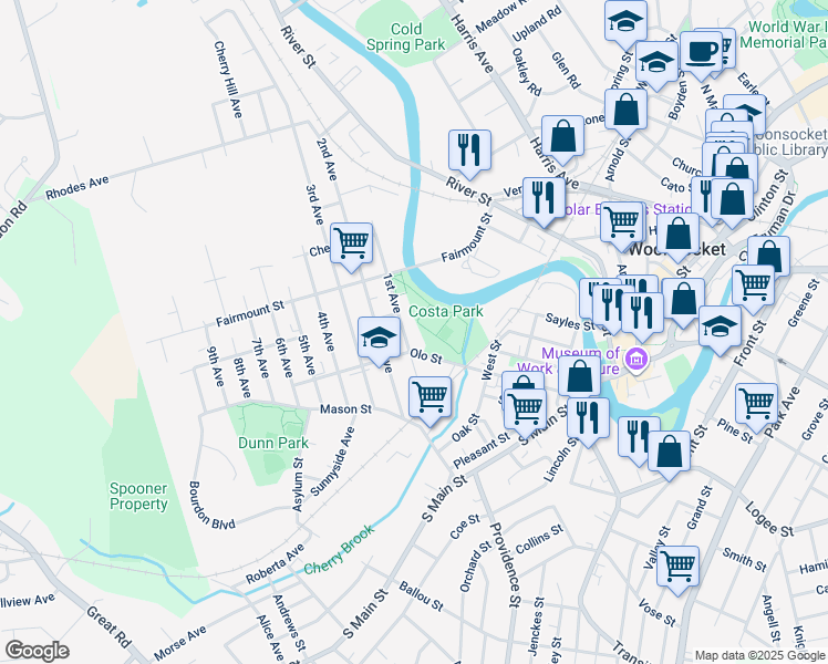 map of restaurants, bars, coffee shops, grocery stores, and more near 293 Olo Street in Woonsocket