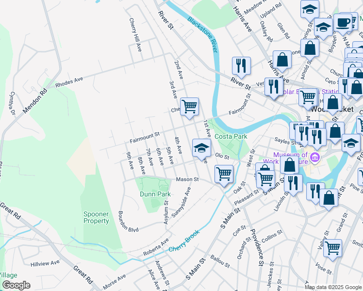 map of restaurants, bars, coffee shops, grocery stores, and more near 126 3rd Avenue in Woonsocket