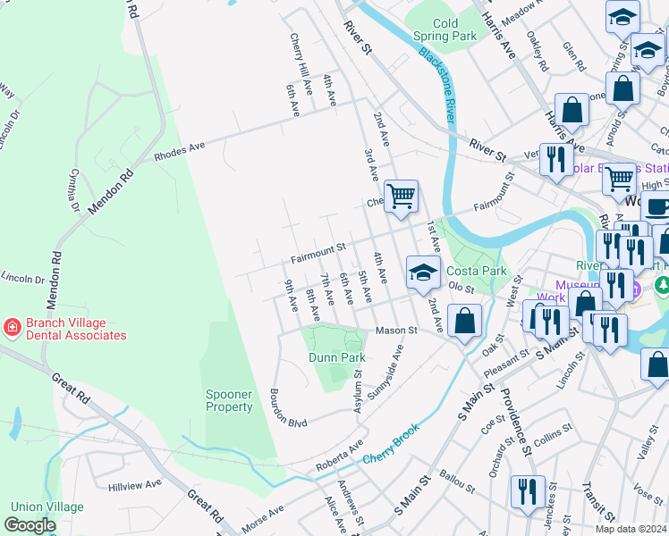 map of restaurants, bars, coffee shops, grocery stores, and more near 72 Chapel Street in Woonsocket