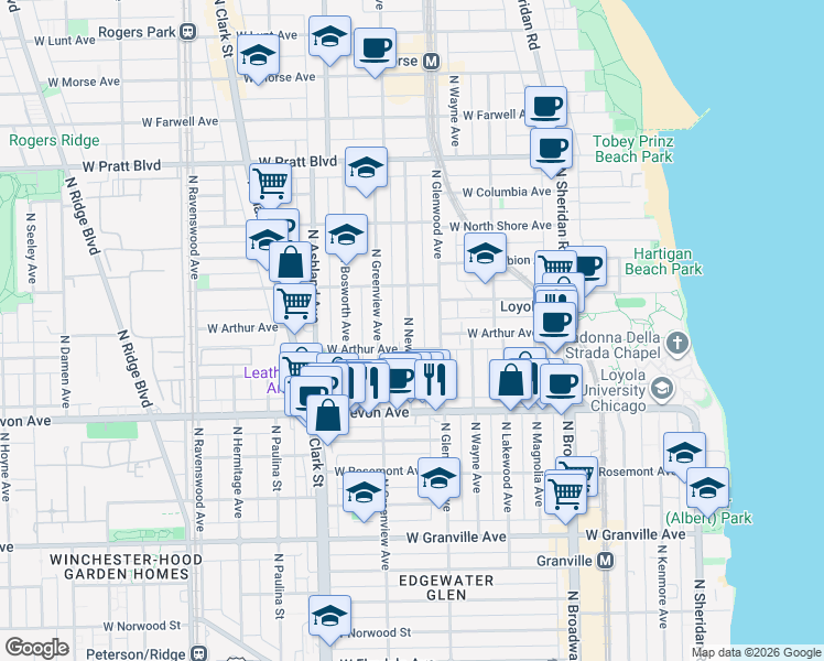 map of restaurants, bars, coffee shops, grocery stores, and more near 6504 North Glenwood Avenue in Chicago