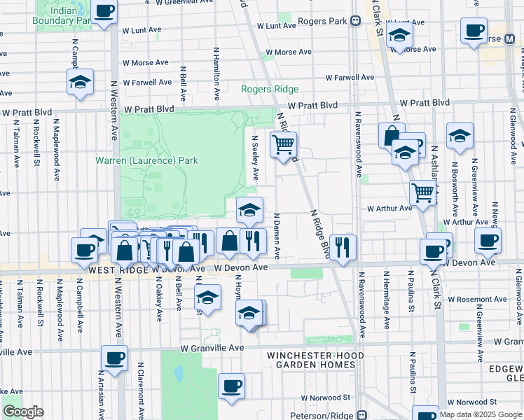 map of restaurants, bars, coffee shops, grocery stores, and more near 2020 West Arthur Avenue in Chicago