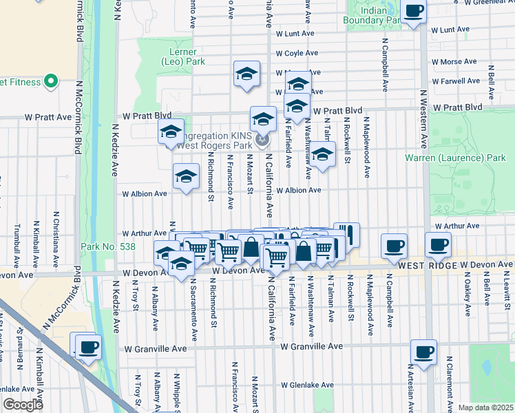 map of restaurants, bars, coffee shops, grocery stores, and more near 6519 North Mozart Street in Chicago