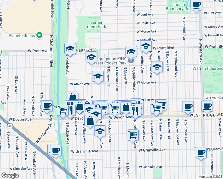 map of restaurants, bars, coffee shops, grocery stores, and more near 6520 North Richmond Street in Chicago