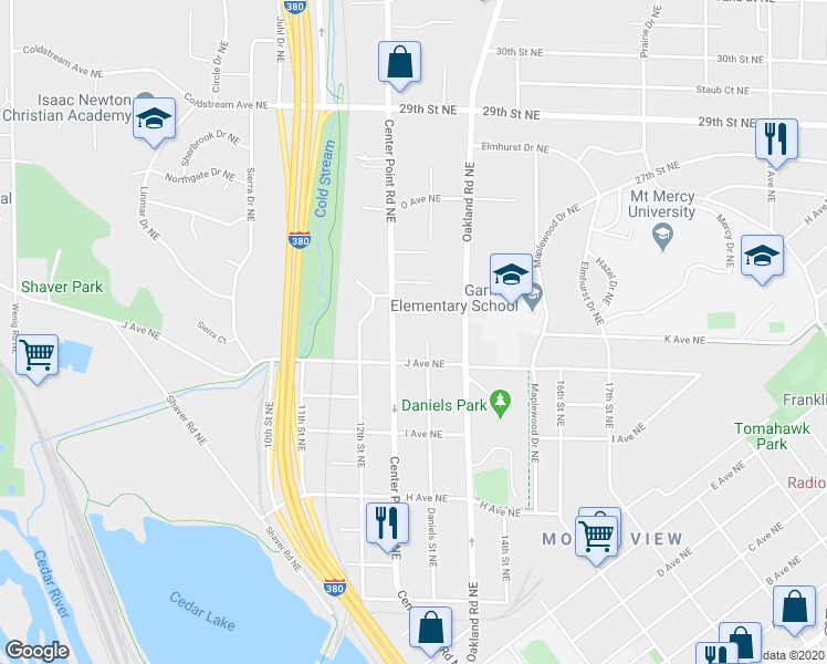 map of restaurants, bars, coffee shops, grocery stores, and more near 1116 Center Point Road Northeast in Cedar Rapids