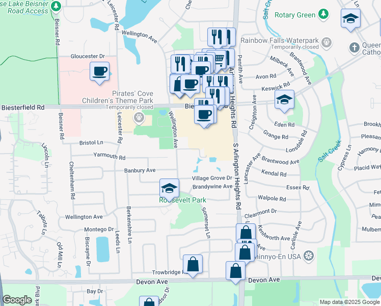 map of restaurants, bars, coffee shops, grocery stores, and more near 1133 Cheekwood Court in Elk Grove Village