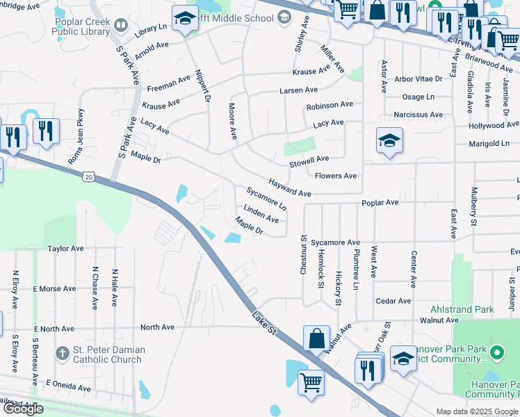 map of restaurants, bars, coffee shops, grocery stores, and more near 646 Maple Drive in Streamwood