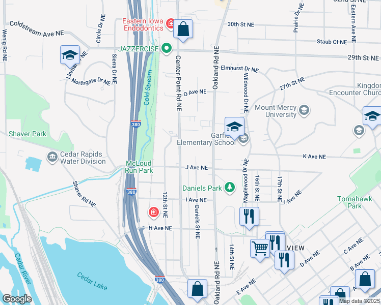 map of restaurants, bars, coffee shops, grocery stores, and more near 1116 Center Point Road Northeast in Cedar Rapids