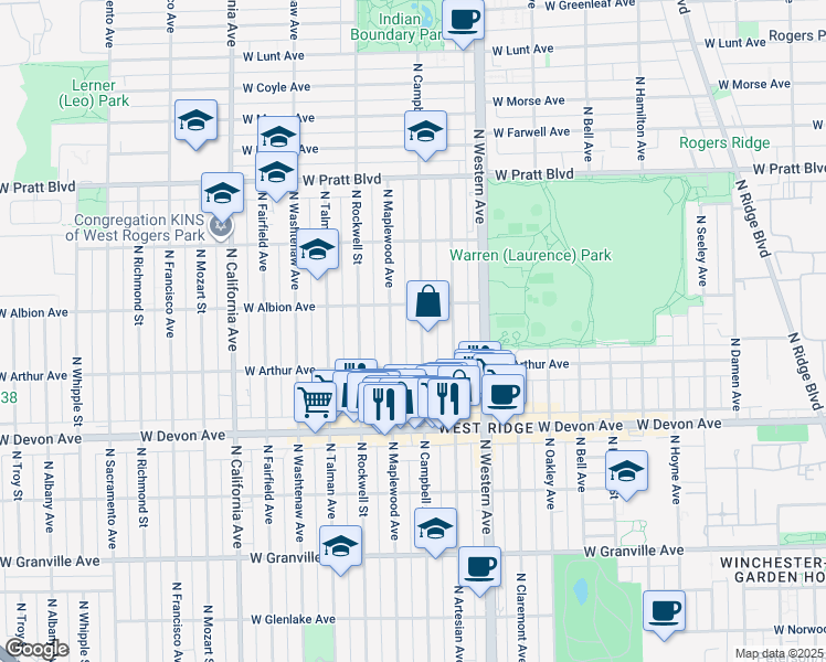 map of restaurants, bars, coffee shops, grocery stores, and more near 6534 North Campbell Avenue in Chicago