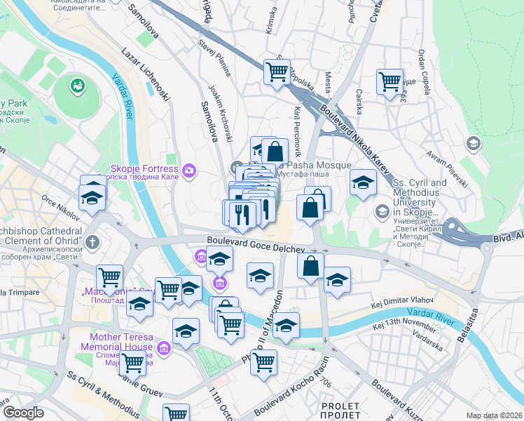 map of restaurants, bars, coffee shops, grocery stores, and more near Arhiepiskop Angelarij in Skopje