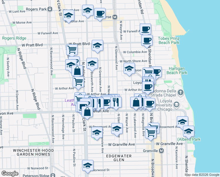 map of restaurants, bars, coffee shops, grocery stores, and more near 6504 North Glenwood Avenue in Chicago