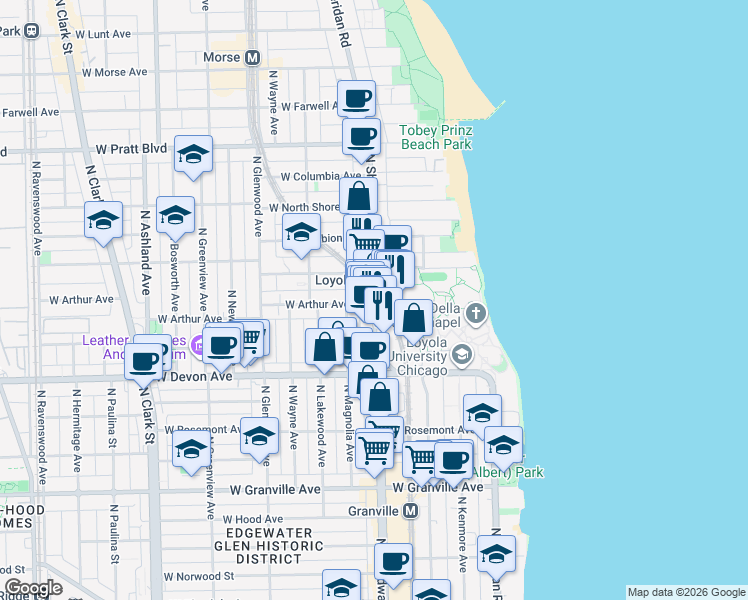 map of restaurants, bars, coffee shops, grocery stores, and more near N Sheridan Rd & W Loyola Ave in Chicago