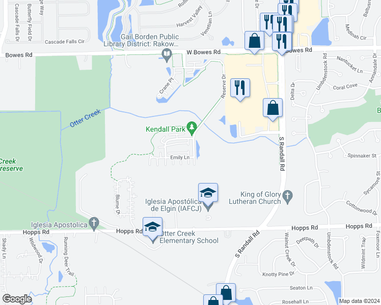map of restaurants, bars, coffee shops, grocery stores, and more near 2404 Emily Lane in Elgin