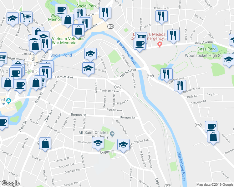 map of restaurants, bars, coffee shops, grocery stores, and more near 455 Carrington Avenue in Woonsocket