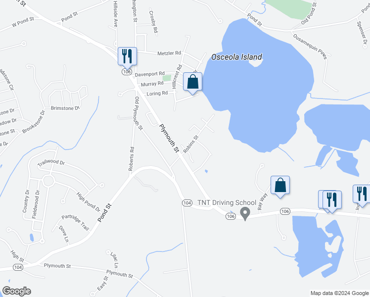 map of restaurants, bars, coffee shops, grocery stores, and more near 24 Robins Street in East Bridgewater