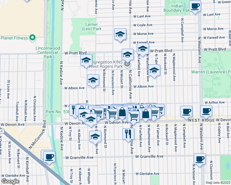 map of restaurants, bars, coffee shops, grocery stores, and more near 6541 North Francisco Avenue in Chicago