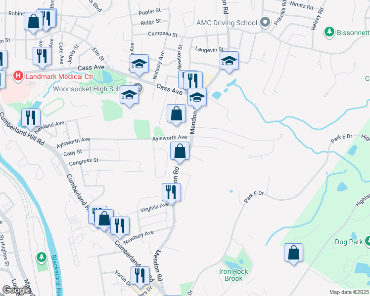 map of restaurants, bars, coffee shops, grocery stores, and more near 1442 Mendon Road in Woonsocket