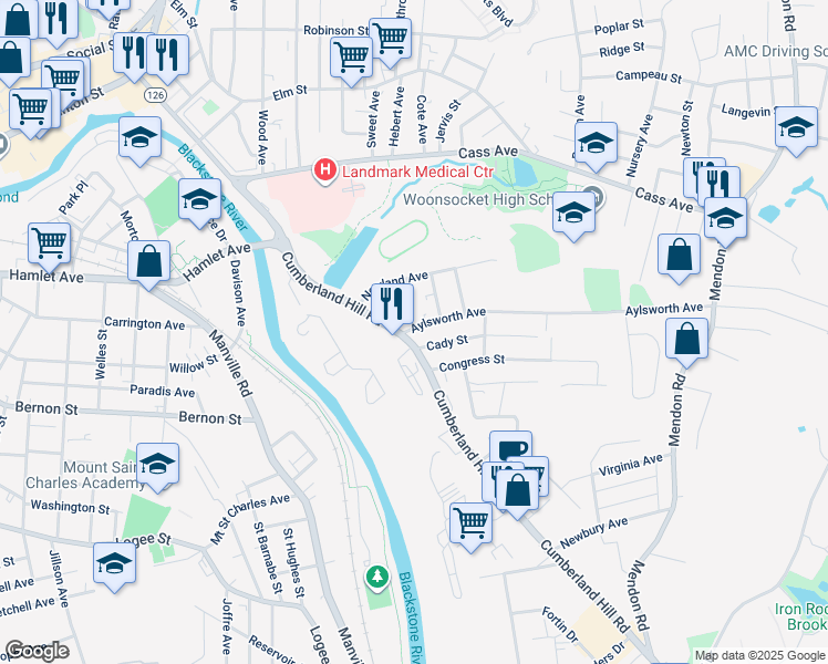 map of restaurants, bars, coffee shops, grocery stores, and more near 442 Cumberland Hill Road in Woonsocket