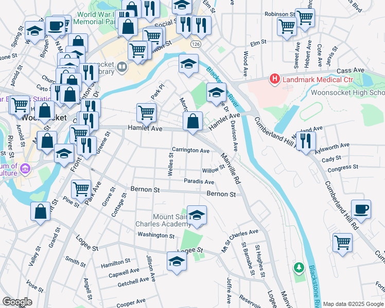 map of restaurants, bars, coffee shops, grocery stores, and more near 61 Roberts Street in Woonsocket