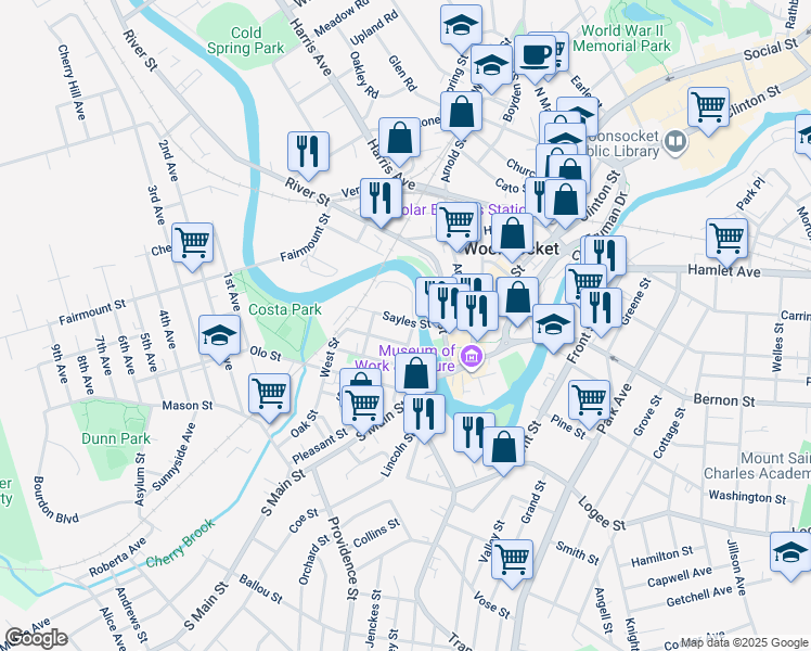 map of restaurants, bars, coffee shops, grocery stores, and more near 104 Sayles Street in Woonsocket