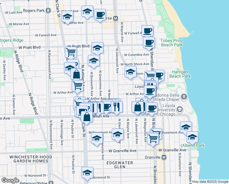 map of restaurants, bars, coffee shops, grocery stores, and more near 6504 North Glenwood Avenue in Chicago
