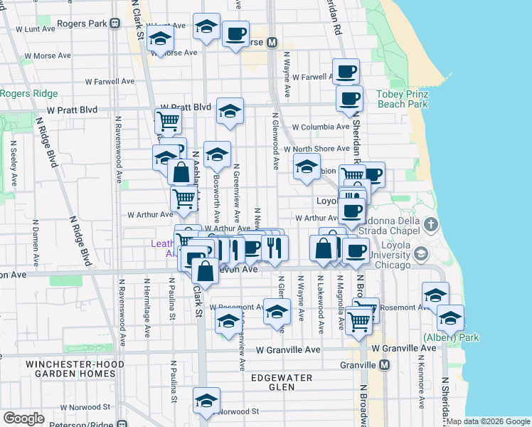 map of restaurants, bars, coffee shops, grocery stores, and more near 6504 North Glenwood Avenue in Chicago