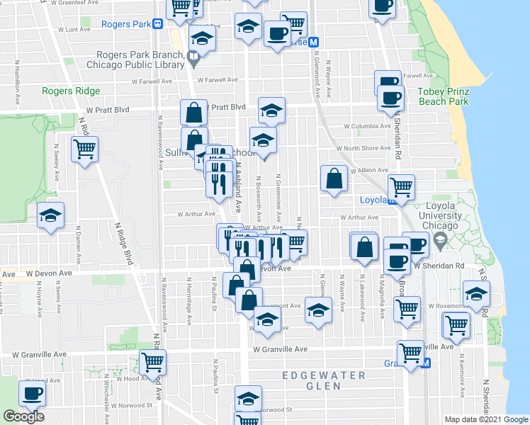map of restaurants, bars, coffee shops, grocery stores, and more near in Chicago