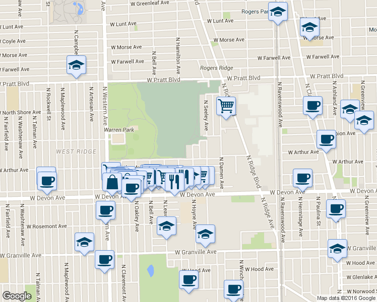 map of restaurants, bars, coffee shops, grocery stores, and more near 6505 North Hoyne Avenue in Chicago