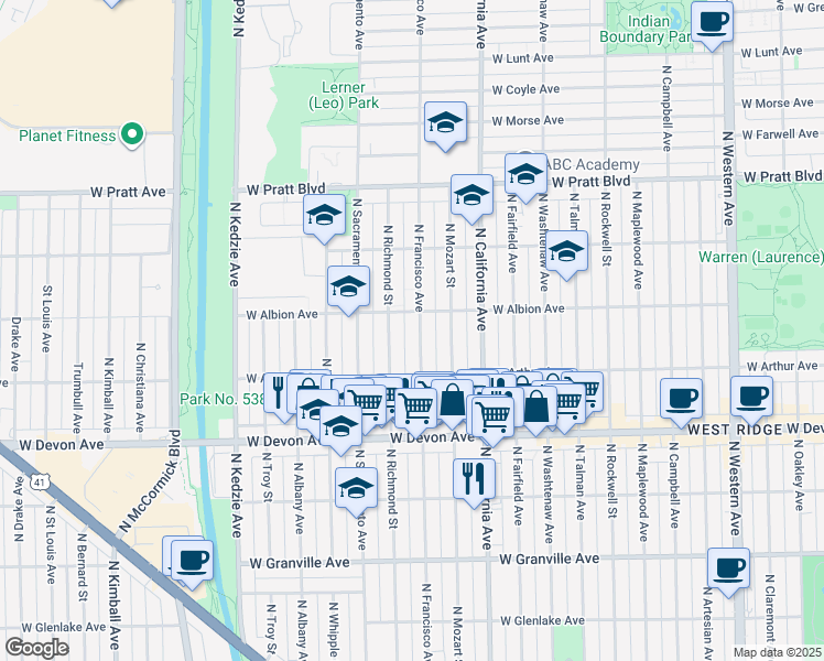 map of restaurants, bars, coffee shops, grocery stores, and more near 6521 North Francisco Avenue in Chicago