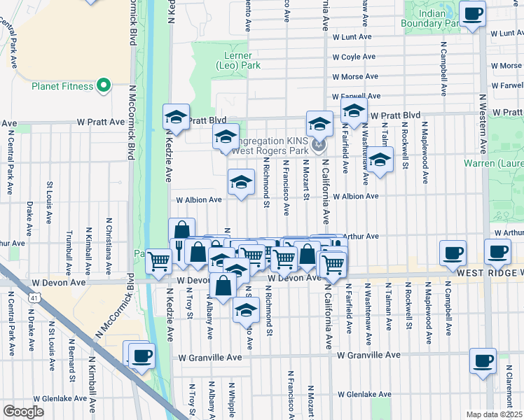 map of restaurants, bars, coffee shops, grocery stores, and more near 6520 North Richmond Street in Chicago