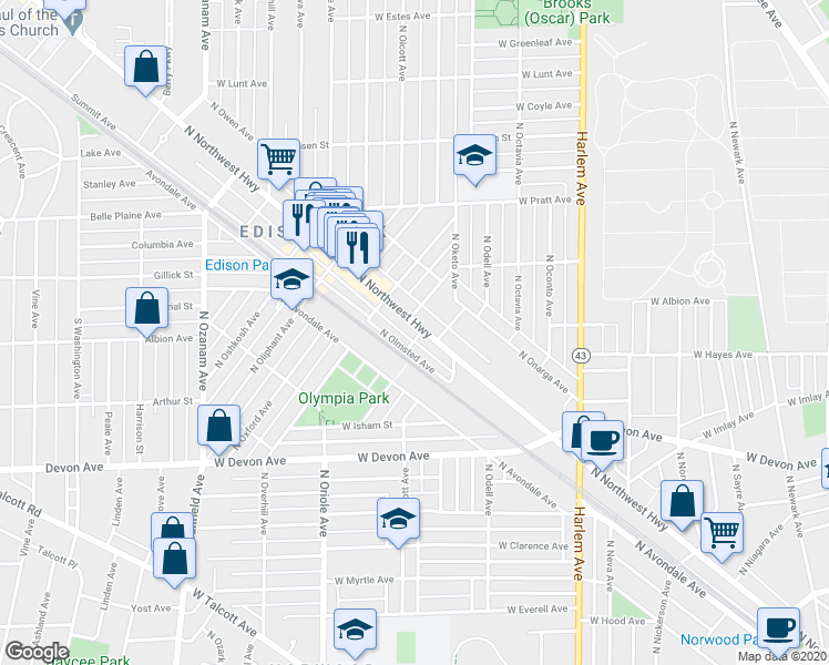 map of restaurants, bars, coffee shops, grocery stores, and more near 6567 North Olmsted Avenue in Chicago
