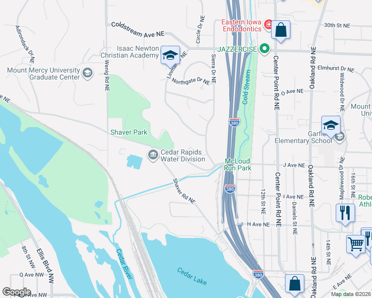 map of restaurants, bars, coffee shops, grocery stores, and more near 751-975 J Ave NE in Cedar Rapids