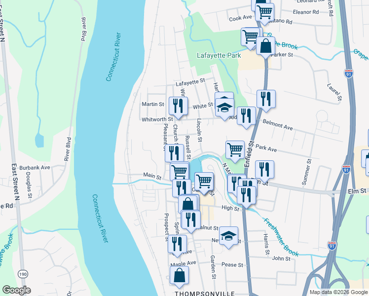 map of restaurants, bars, coffee shops, grocery stores, and more near 23 North Main Street in Enfield