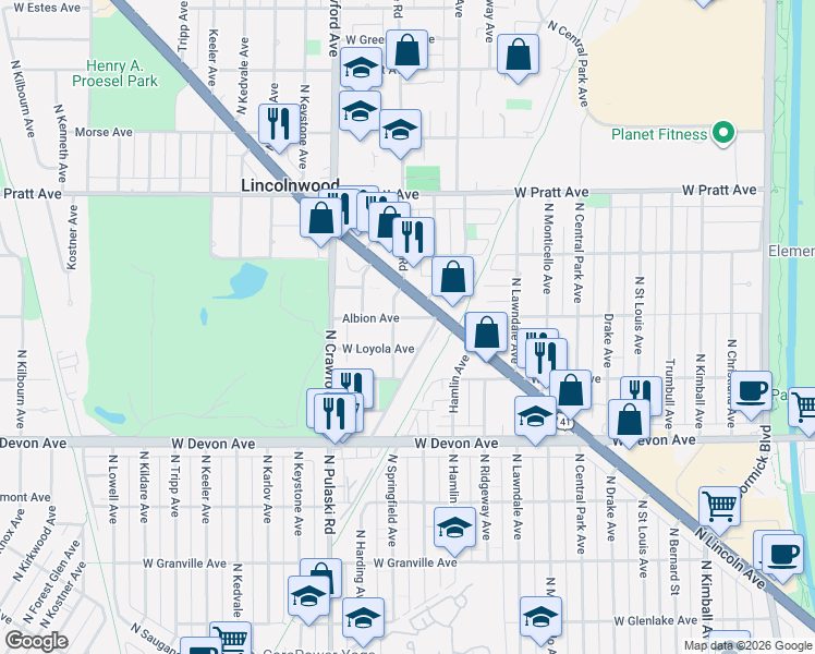 map of restaurants, bars, coffee shops, grocery stores, and more near 3854 West Loyola Avenue in Lincolnwood