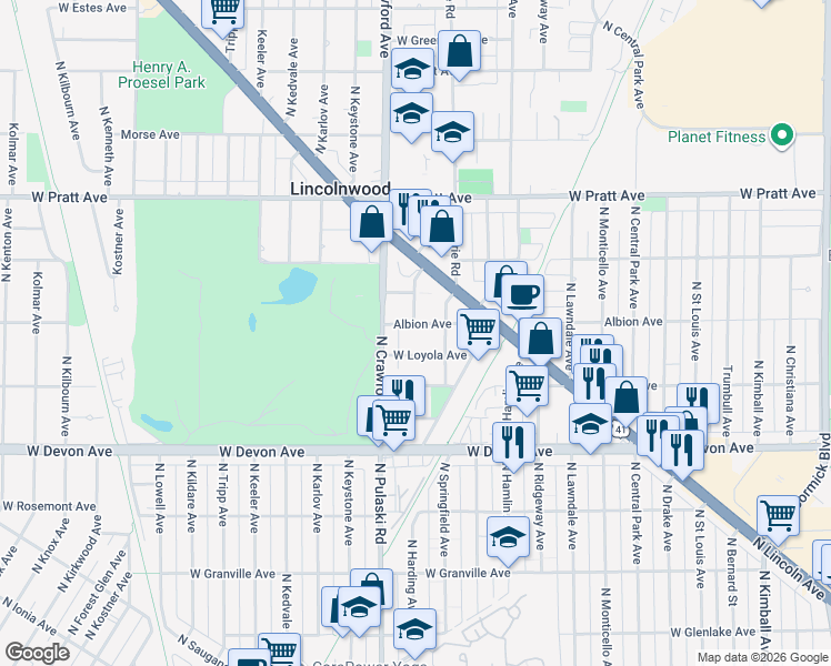 map of restaurants, bars, coffee shops, grocery stores, and more near 3930 West Loyola Avenue in Lincolnwood