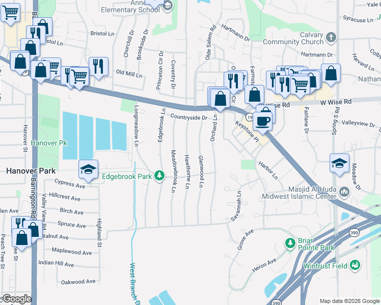 map of restaurants, bars, coffee shops, grocery stores, and more near 7020 Glenwood Lane in Hanover Park