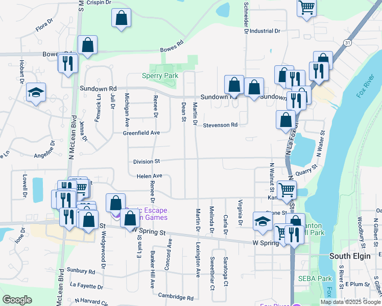 map of restaurants, bars, coffee shops, grocery stores, and more near 591 Martin Drive in South Elgin