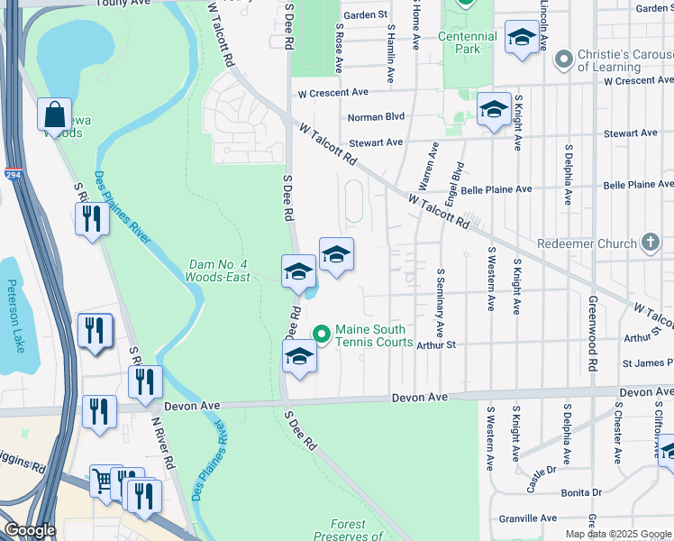 map of restaurants, bars, coffee shops, grocery stores, and more near 1111 South Dee Road in Park Ridge