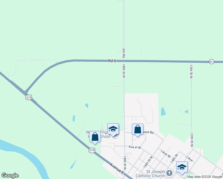map of restaurants, bars, coffee shops, grocery stores, and more near 18th Street North in Wisner
