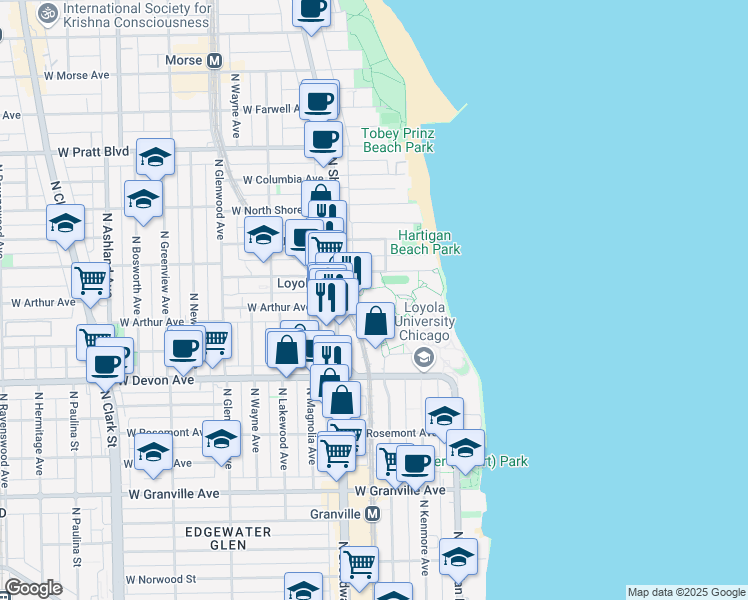 map of restaurants, bars, coffee shops, grocery stores, and more near 6525 North Sheridan Road in Chicago