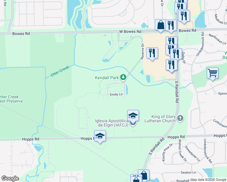 map of restaurants, bars, coffee shops, grocery stores, and more near 2465 Emily Lane in Elgin