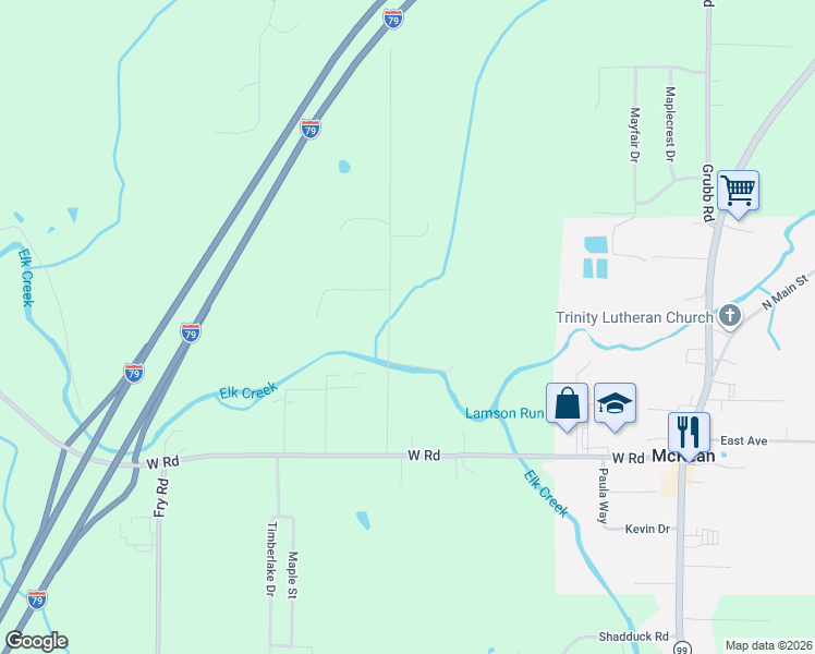 map of restaurants, bars, coffee shops, grocery stores, and more near 8779 Baron Road in McKean