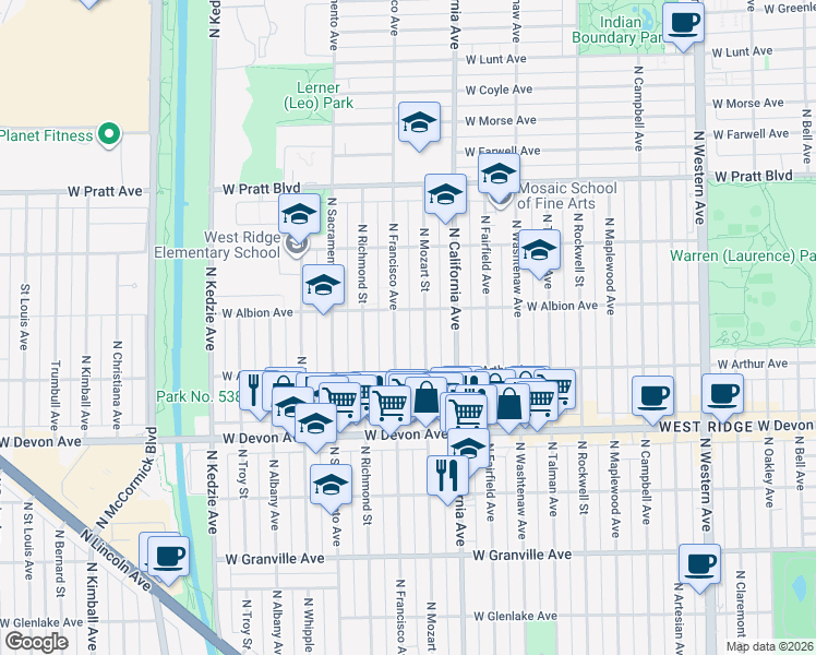 map of restaurants, bars, coffee shops, grocery stores, and more near 6521 North Francisco Avenue in Chicago