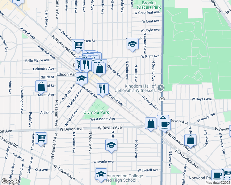 map of restaurants, bars, coffee shops, grocery stores, and more near 6567 North Olmsted Avenue in Chicago