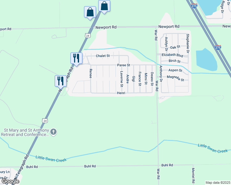 map of restaurants, bars, coffee shops, grocery stores, and more near 1412 Henri in Monroe County