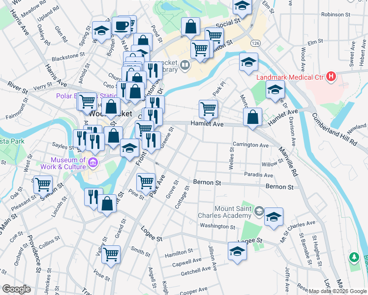 map of restaurants, bars, coffee shops, grocery stores, and more near 191 Grove Street in Woonsocket