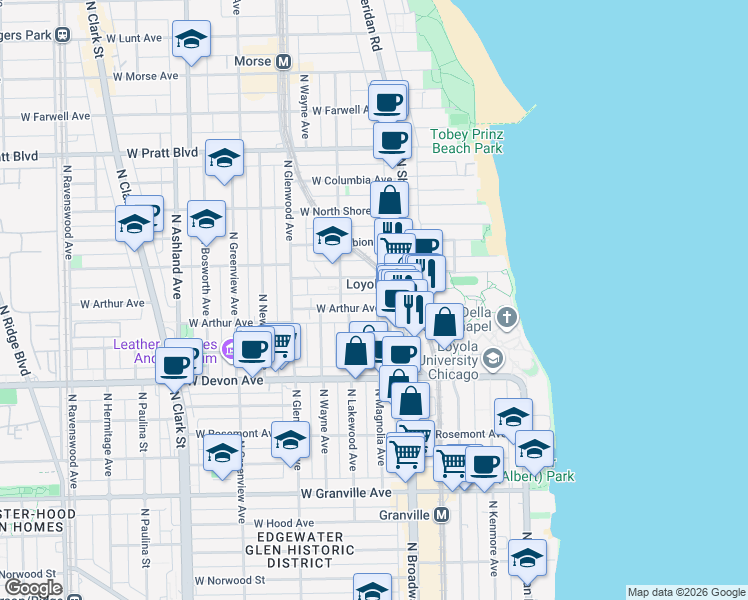 map of restaurants, bars, coffee shops, grocery stores, and more near 6459 North Magnolia Avenue in Chicago