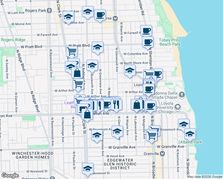 map of restaurants, bars, coffee shops, grocery stores, and more near 6504 North Glenwood Avenue in Chicago