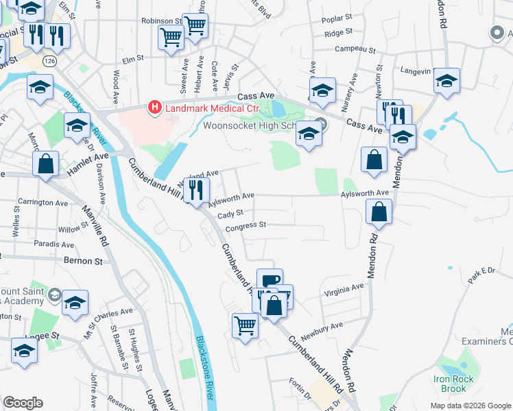 map of restaurants, bars, coffee shops, grocery stores, and more near 160 Congress Street in Woonsocket